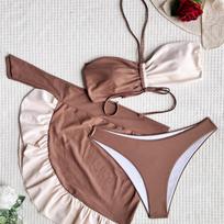 Moteriški maudymosi kostiumai Colorblock Halter Wrap string Sexy Bikini Brazilian Beachwear Maudymosi kostiumėliai L kava