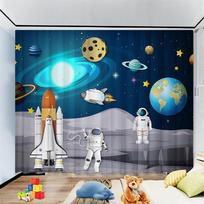 Astronautų animacinio stiliaus užuolaidos, maža raketa, spalvoti balionai, dviejų vienetų komplektas, vaikiško miegamojo užuolaidos 50W60H(CM)X2PCS&Grommet Top