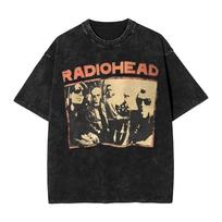 Per dydžio rūgštiniu būdu išplėtiniai vintažiniai trumpomis rankovėmis marškinėliai su „Radiohead Kid A Mountain“ grafiniu spaudiniu L black