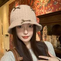 Women S Knit Fisherman Hat With Bow Warm Face Slimming One Size chaki
