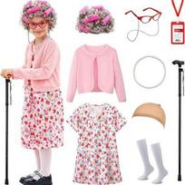 Vaikų močiutės Cosplay kostiumas, gėlėta suknelė, juokingas senolės aprėžalas 100 mokyklos dienai ir karnavalui m (120cm recommended) white