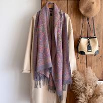 Madingas žieminis šiltas kašmyro šalikas - Moteriška kutuota vintažinė gėlių aliejinės tapybos marginta pashmina, storas skara ir pončas brown