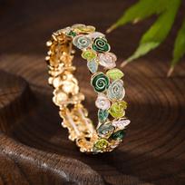 Ladies' Fashion Rose Elastic Bracelet Emerald green rose flower brown