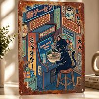 Black Cat Eating Ramen At Arcade Metal Poster Perfect Gift for Fans Lovers Personalized Wall Art Metal Sign for Room Ornaments 20x30cm（7.8x11.8inch） brown