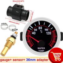 Car Temperature Meter 52mm Water Temp Gauge White LED Light 40~120 Celsius Water Temp Sensor 10mm + Joint Pipe Adapter 1/8NPT 36mm black adapter black