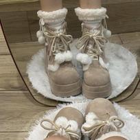 Madingi Originalaus Dizaino Lolita Moteriški Žieminiai Sniego Batai Mieli Kailiniai Kamuoliukai Vilnos Šilti Trumpi Batai Mergaitėms Chaki Juodi Kulniukai 38 chaki