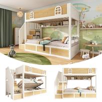 Children's bunk bed 90x200 cm with stair cabinet, white and natural, with safety rail and slatted frame, bed for two children, without mattress 253 x 95 x 152 cm