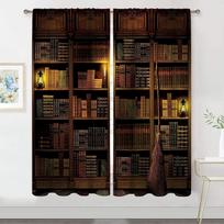 3D skaitmeniniu būdu spausdinamos vintažinės knygų lentynos užuolaidos svetainei, miegamajam, retro bibliotekos langui, namų dekoravimui, individualus dizainas W75xH166(CM)x2PCS-Grommet Top