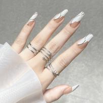 Secret Lives Acrylic Press on Nails Designer Reusable Artifical Nail Extension Semi Transparent Pink Bottom White & Blue Tips with Golden Glitter D gray