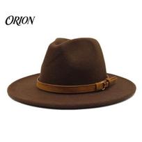 Madinga gatvės apranga Veltinio Fedora skrybėlė, Unisex Panama skrybėlė su dirbtinės odos juostele, Storas platus kraštas Vintažinis Trilby moterims vyrams Ruduo Žiema M black