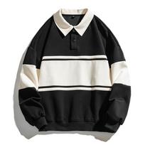 Men's Sweatshirt Autumn New Trendy Brand Hong Kong Style Popular Loose Color-blocked Lapel Sweatshirt for Men 2XL black