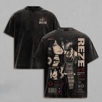 Harajuku Manga Chainsaw Man Reze T-shirt Summer Short Sleeve Casual Tees Clothes Men Clothing Vintage Y2k Washed Polyester T Shirt M juoda