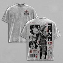 Harajuku Manga Chainsaw Man Reze T-shirt Summer Short Sleeve Casual Tees Clothes Men Clothing Vintage Y2k Washed Polyester T Shirt L gray