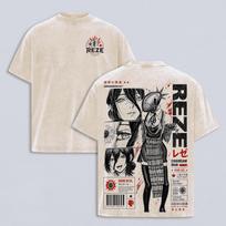 Harajuku Manga Chainsaw Man Reze T-shirt Summer Short Sleeve Casual Tees Clothes Men Clothing Vintage Y2k Washed Polyester T Shirt 2XL smėlis