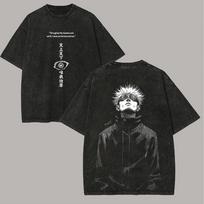 Jujutsu Kaisen Manga Gojo Satoru Graphic T-shirt Vintage Washed T Shirt Men Women Clothing Oversized Polyester Short Sleeve Tees 2XL juoda