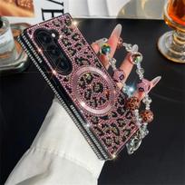 Blizgučiai, Cirkonio, Grandinėlė ant rankos, Riešo dirželis, Leopardų rašto oda, Magnetinis dėklas, Samsung Galaxy Z Fold 8 Ultra 7 6 5 4 3 Galaxy Z Fold5 rožinė