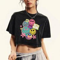 It'S Ok Happy Face Flower Print Washed Crop T-Shirt Female Fashion Cotton T Shirts Multicolor Casual Clothes Tops L black
