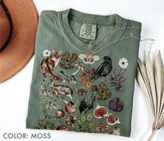 Miško Gyvūnų Marškinėliai Comfort Colors®, Kotedžo Miško Gyvūnai, Botaninis Marškinėlis, Lapės Kiškio Paukščio Grybo ir Figos Marškinėlis, Tamsiosios Akademijos Marškinėlis 140 gray