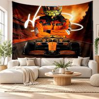 Lando Norris sieninis gobelenas, minkšto audinio sieninis kabinamas elementas, dekoratyvus fonas miegamojo namų sienai 100cmx150cm orange