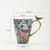 Spalvoti emaliniai dažai auksinis keraminis kavos puodelis gėlių raštas ir paukštis porcelianinis puodelis su rankena vintažinis 390 ml 301-400ml gray
