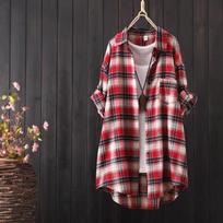 Plaid shirt women's medium and long loose lazy style 1116 new autumn Hong Kong style explosive plaid shirt jacket top XL brown