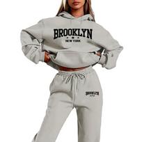 Rudens Žiemos BROOKLYN Megztinio Kelnės Rinkinys Moterims Džemperis Rinkinys Gatvės Hip Hop Drabužiai Kasdieniai Moteriški Drabužiai Pliušinis džemperis L gray