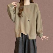 Fashion Women's Lazy Style Round Neck Irregular Sweatshirt Autumn Loose Button Splicing Long-sleeved Top Pullover L chaki