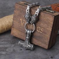 Nerūdijančio plieno vilko galva Toro plaktukas Mjolnir Vikingų karoliai Rankų darbo grandinėlė su medine dėžute Dovana vaikinui no box&50cm gray