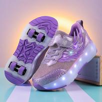 Berniukų Mergaičių Ritiniai Batai LED Šviečiantys USB Įkrovimas Vaikų Ritiniai Riedučiai Laisvalaikio Riedlenčių Batai Sportiniai Batai Vaikų Sportbačiai 29 purple