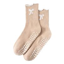 Cotton Pilates Socks Non-Slip Grip Mid Tube Socks Bow Yoga Socks  for Women chaki