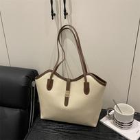 Elegant Large Capacity Tote Bag with Brown Accent Detail Spacious Shoulder Purse for Travel Occasions Minimalist Work Handbag smėlis