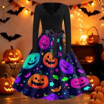 Women's Vintage Halloween Dress V Neck Long Sleeve Casual Retro Style Bat Print Swing Skirt Dress with Waist Tie Belt L orange
