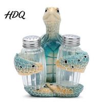 Practical Salt Pepper Dispenser Sea Turtle Shaker Set with Holder Resin Figurine Decorative Spice Rack for Countertop Glass Bottles Coastal A gray