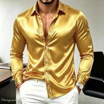 Vyriški prabangūs satino šilko marškiniai ilgomis rankovėmis su auksiniu barokiniu raštu, slim fit, kasdieniai, verslo, vakarėlių, gatvės stiliaus marškiniai L beige