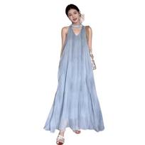 Seaside vacation blue sleeveless neck sling dress children's summer new popular beautiful long dress XL gray