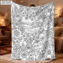 2D Flat Surface, 1pc Coloring Flannel Blanket, 250GSM Adult Relax Hand-Painted Coloring Blanket with Scenery and Floral Themes, Reusable Doodle Decora 75X95CM gray