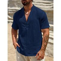 Men's Single-layer Solid Color Breathable Stand Up Collar Short Sleeved Shirt Men's Fashion Simple Solid Color Comfortable Versatile Loose Shirt 3XL