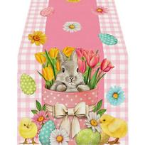 Linen Fabric Dining Table Decors Colorful Bunnies Eggs Pattern Easter Table Runner For Festives Event And Daily Use 33x120cm yellow