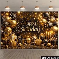 2D Happy Birthday Backdrop Black Gold Glitter Balloon Photo Booth Background 59x51.1inch/150*130cm black