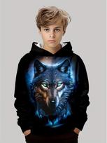 Hoodie vaikams Juodas Baltas Vilko Spaudinys Ilgomis Rankovėmis Džemperis Laisvas Kasdienis Vaikiškas Viršus Lauko Gatvės Apranga Berniukas Džemperis 130 gray
