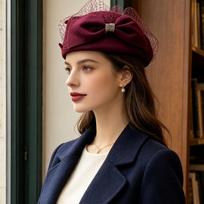 Fedoras Mesh Topper Hat Elegant Woolen Beret Woolen Top Hat Airline Stewardess Caps  Wedding Party tamsiai raudona spalva