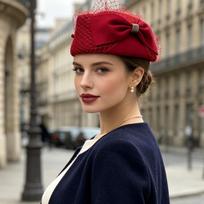 Fedoras Mesh Topper Hat Elegant Woolen Beret Woolen Top Hat Airline Stewardess Caps  Wedding Party raudona