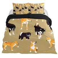 Cartoon Shiba Inu King Queen Bedding Set Yellow Pet Puppy Duvet Cover Cherry Blossoms Tree Quilt Cover Polyester Comforter Cover 140x200cm 3pcs beige
