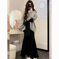 Spring lazy wind super beautiful strap bow design gray sweater high waist skirt two-piece set 2XL gray