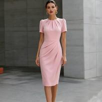 Moteriška midi suknelė su pūstomis rankovėmis ir suraukta juosmens dalimi, apvaliu kaklu, oficiali biuro bodycon suknelė, S-2XL M rožinė