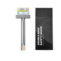 Rankinis skustuvas vyrams, reguliuojamas, dvigubas peiliukas, senamadiškas dviejų dalių rinkinys, nuimamas peiliukų laikiklis, rankinis skustuvas Razor+blade+black box gray