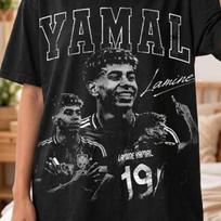 Vintage Distressed Lamine Yamal Portrait Signature T Shirt Retro Grunge Graphic Oversized Unisex Short Sleeve Tee Barcelona L gray
