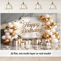 2D  Happy Birthday  Backdrop with White Gold Balloons, Gifts & Marble Background 59x51.1inch/150*130cm beige