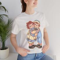 Retro Raggedy Ann and Andy Dolls Unisex Tee Shirt, Great Nostalgic Toy Characters for Early 1900s to 80s, Cute Cartoon Couple, Vintage Style 130 gray