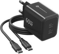 Forcell F-Energy GaN III VT-60 60W PD QC 4.0+ 2x USB-C juodas sieninis įkroviklis + USB-C kabelis